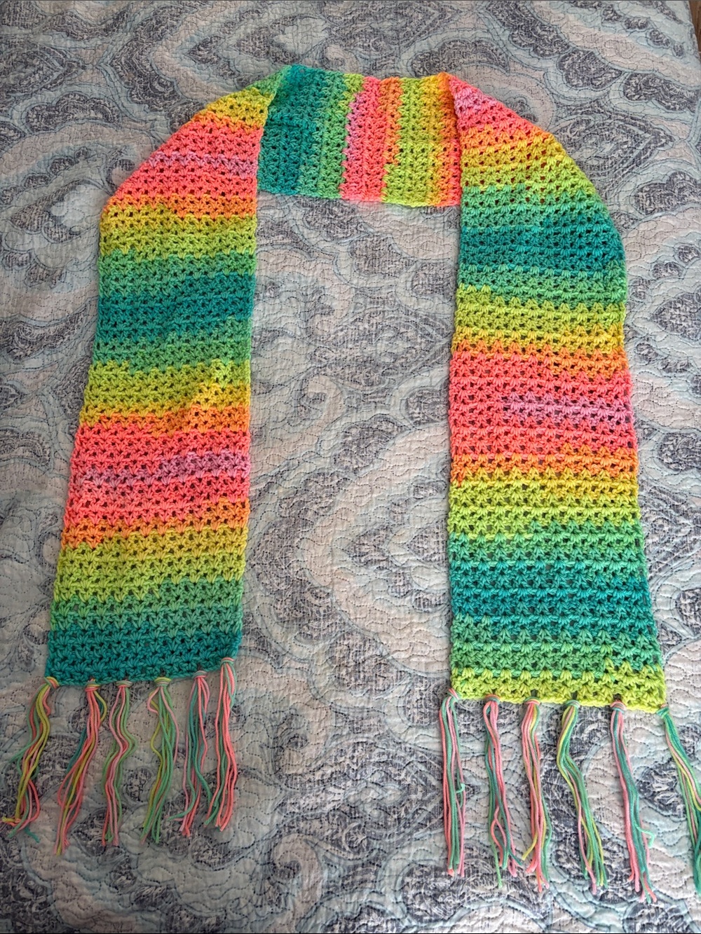 Handmade Crocheted Rainbow Fringe Scarf - Neon Pastel Stripes